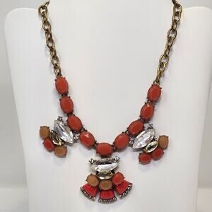 J Crew Coral Orange Yellow Rhinestone Statement Necklace Antiqued Gold Tone